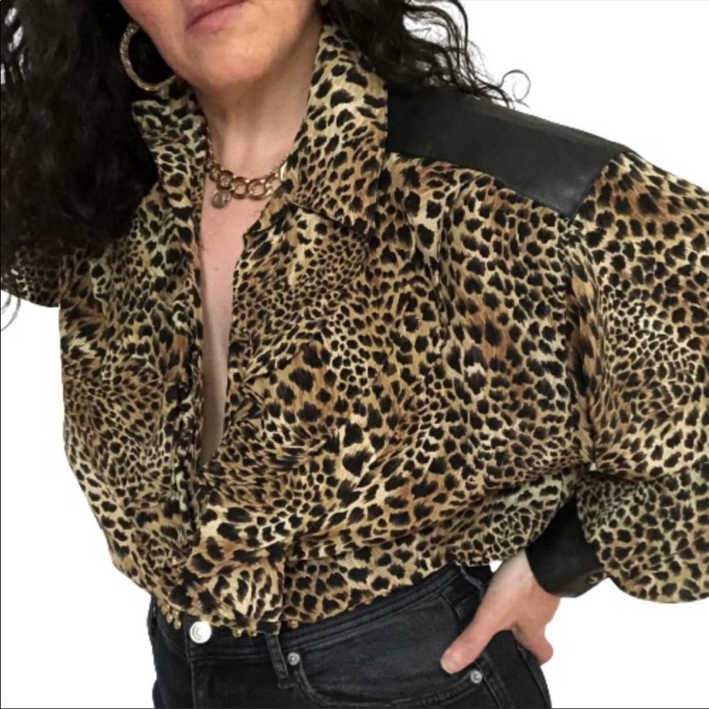 NWT 100% Silk + Leather Leopard Ruffled Vtg Top - Picture 12 of 14